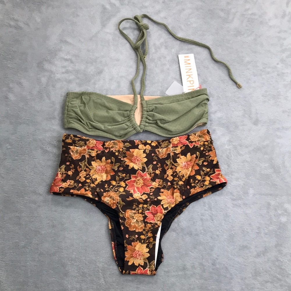 MinkPink Bandeau Top with High Waisted Bottom Bikini Size S New
